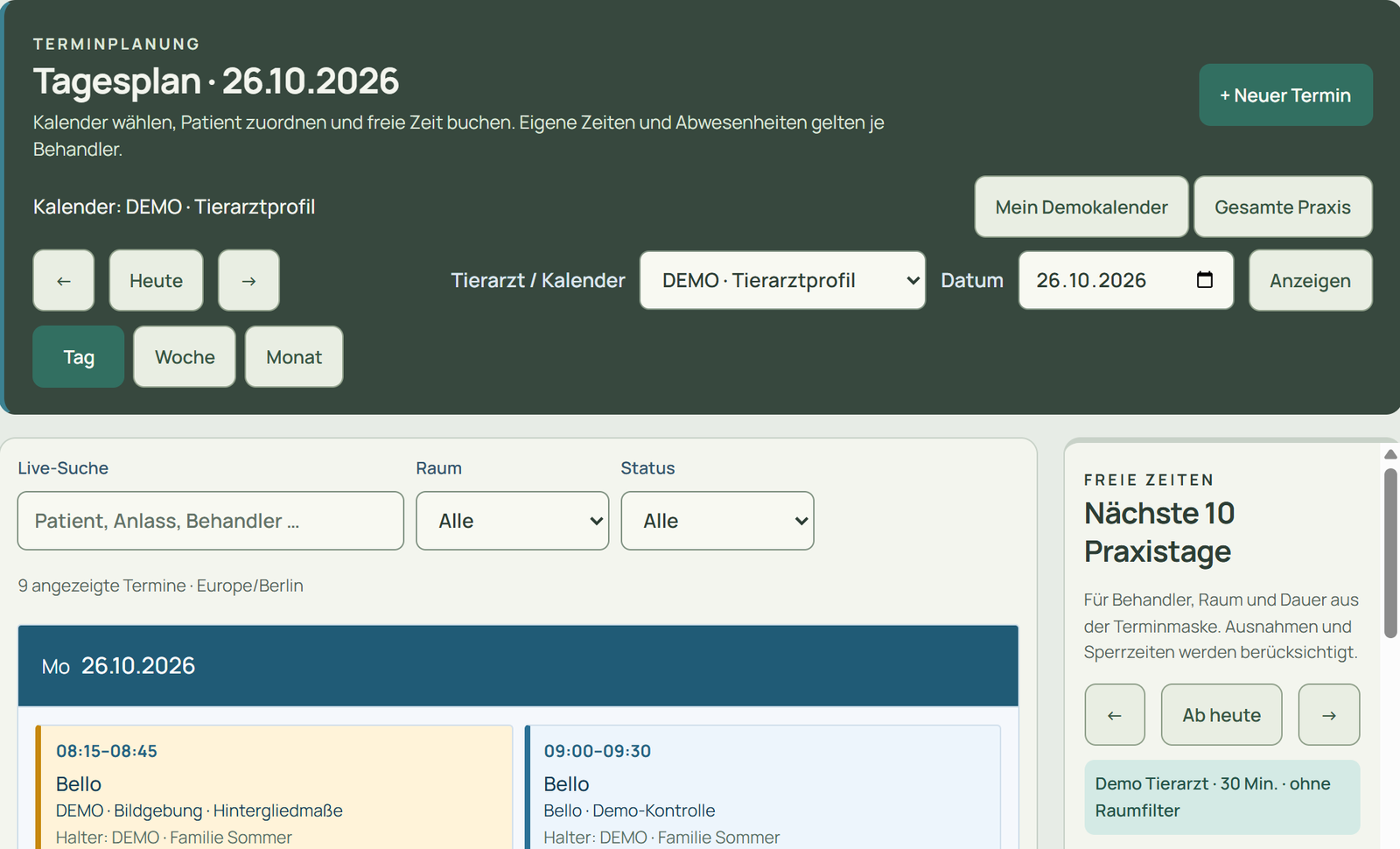 Terminplan · echter Ausschnitt aus Vetasur 1.98.1 · fiktive Demo