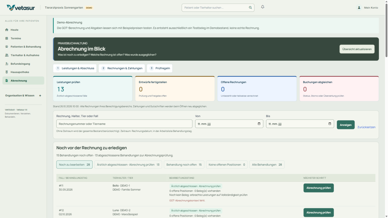 Abrechnung und offene Bearbeitung · Vetasur 1.97.1 · fiktive Demoaufnahme