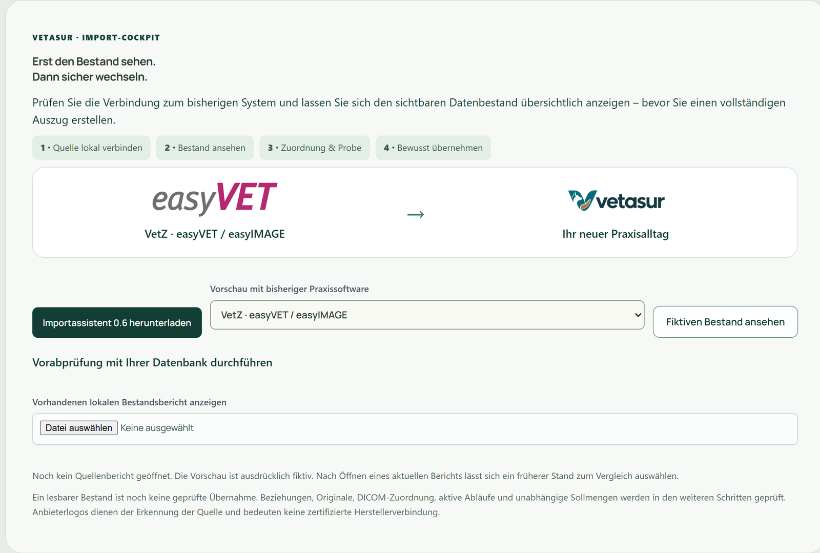 Import-Cockpit und Vorprüfung · Vetasur 1.97.1 · fiktive Demoaufnahme